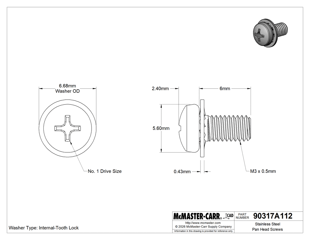 Technical Drawing of Stainless Steel Pan Head Screws, with Internal-Tooth Washer, M3 x 0.5 mm Thread, 6 mm Long.